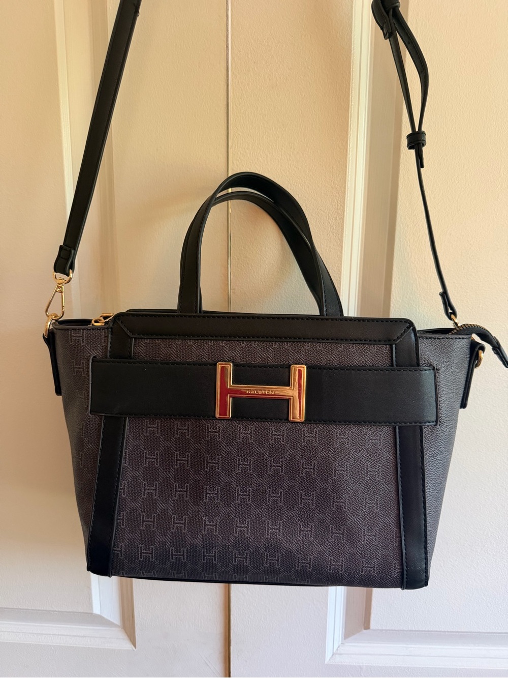 H by Halston Black Charcoal Logo Satchel with Gold H Purse Handbag